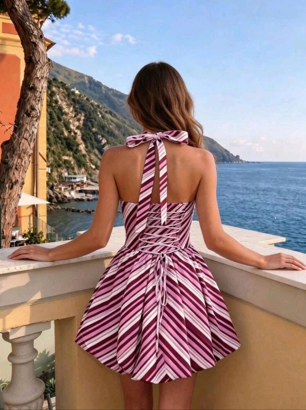 2026 New Retro White Base Black Polka Dot Halter Bubble Dress For Women Satin